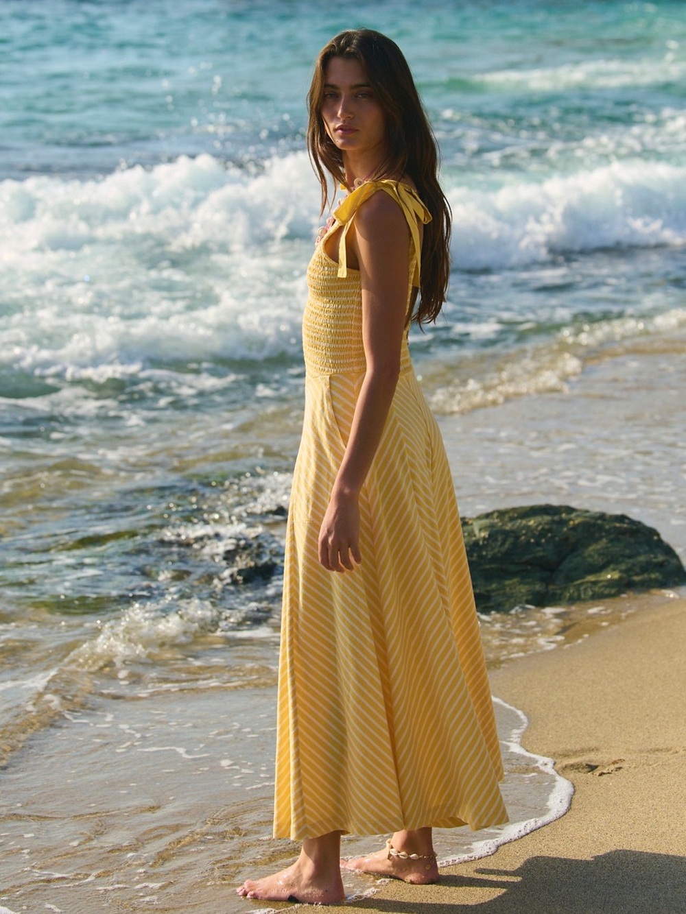 FREE PEOPLE Cecelia Midi Dress in Butter Yellow Combo, NWT, size M